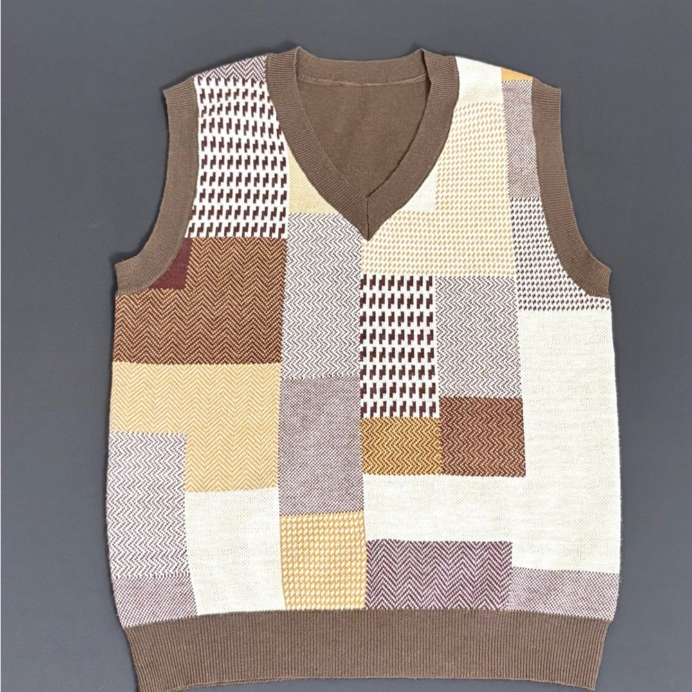 R&K V-Neck Patchwork Sweater Vest - Brown, Cream, and Yellow